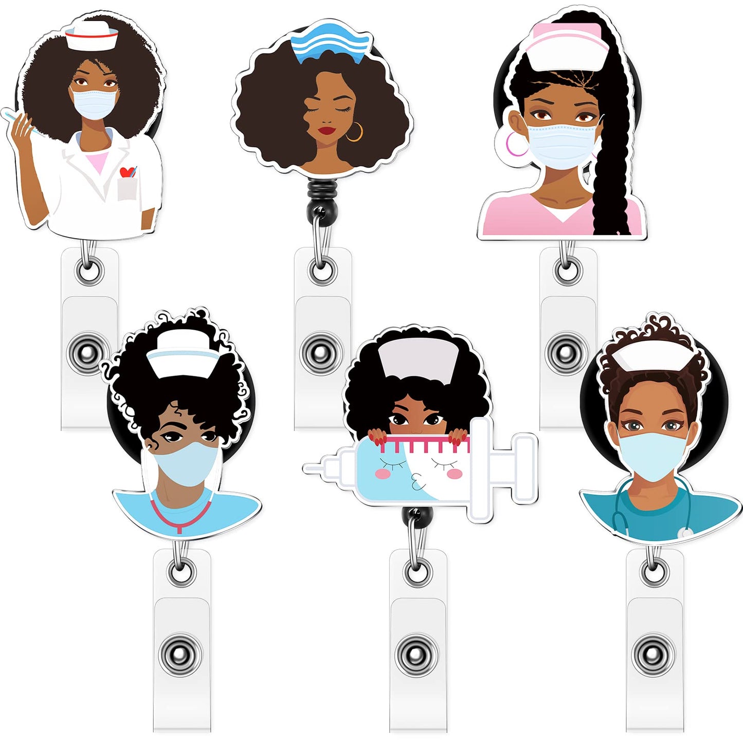 6 Pcs Black Girl Nurse Badge Reel Retractable with Clip Black Nurse Badge Holder, 6 Styles Cute ID Badge Clip for Hospital Nursing ID Badge Holder, Women Doctor Volunteer Student Birthday Gift