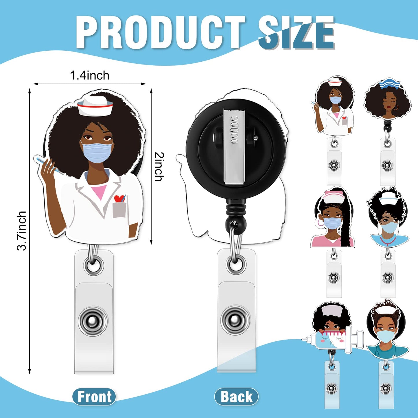 6 Pcs Black Girl Nurse Badge Reel Retractable with Clip Black Nurse Badge Holder, 6 Styles Cute ID Badge Clip for Hospital Nursing ID Badge Holder, Women Doctor Volunteer Student Birthday Gift