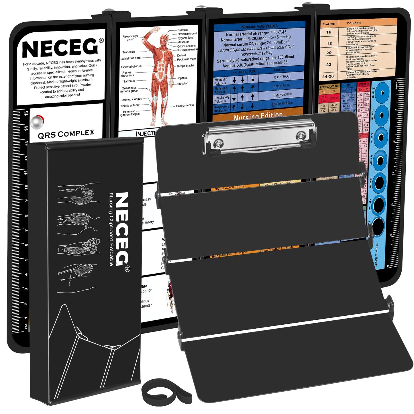 NECEG Nursing Clipboard Foldable-4 Layers Aluminum Folding Nurse Clipboard Foldable Pocket Size with Nursing Medical Edition Cheat Sheets for Nurses Students and Doctors(Black)