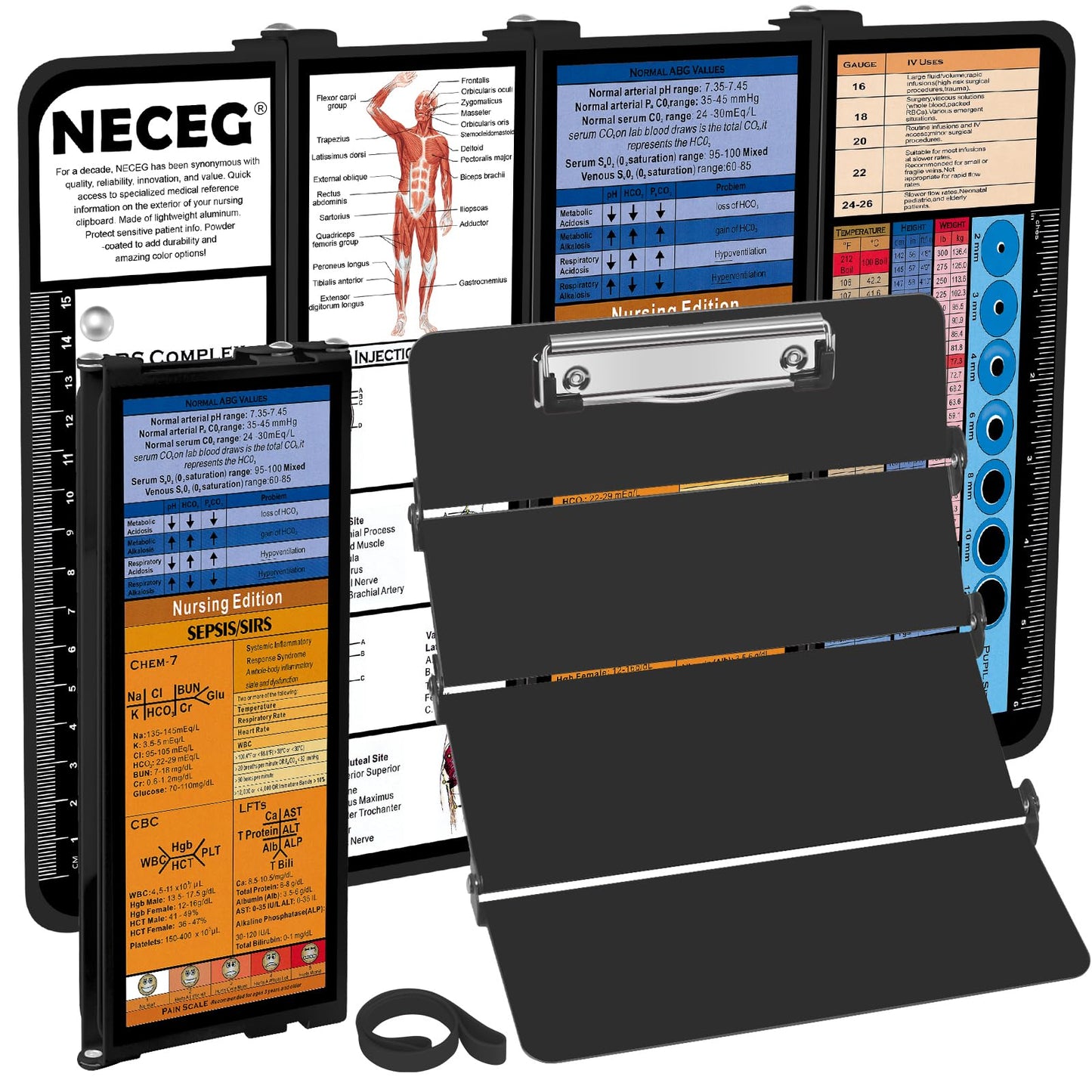 NECEG Nursing Clipboard Foldable-4 Layers Aluminum Folding Nurse Clipboard Foldable Pocket Size with Nursing Medical Edition Cheat Sheets for Nurses Students and Doctors(Black)