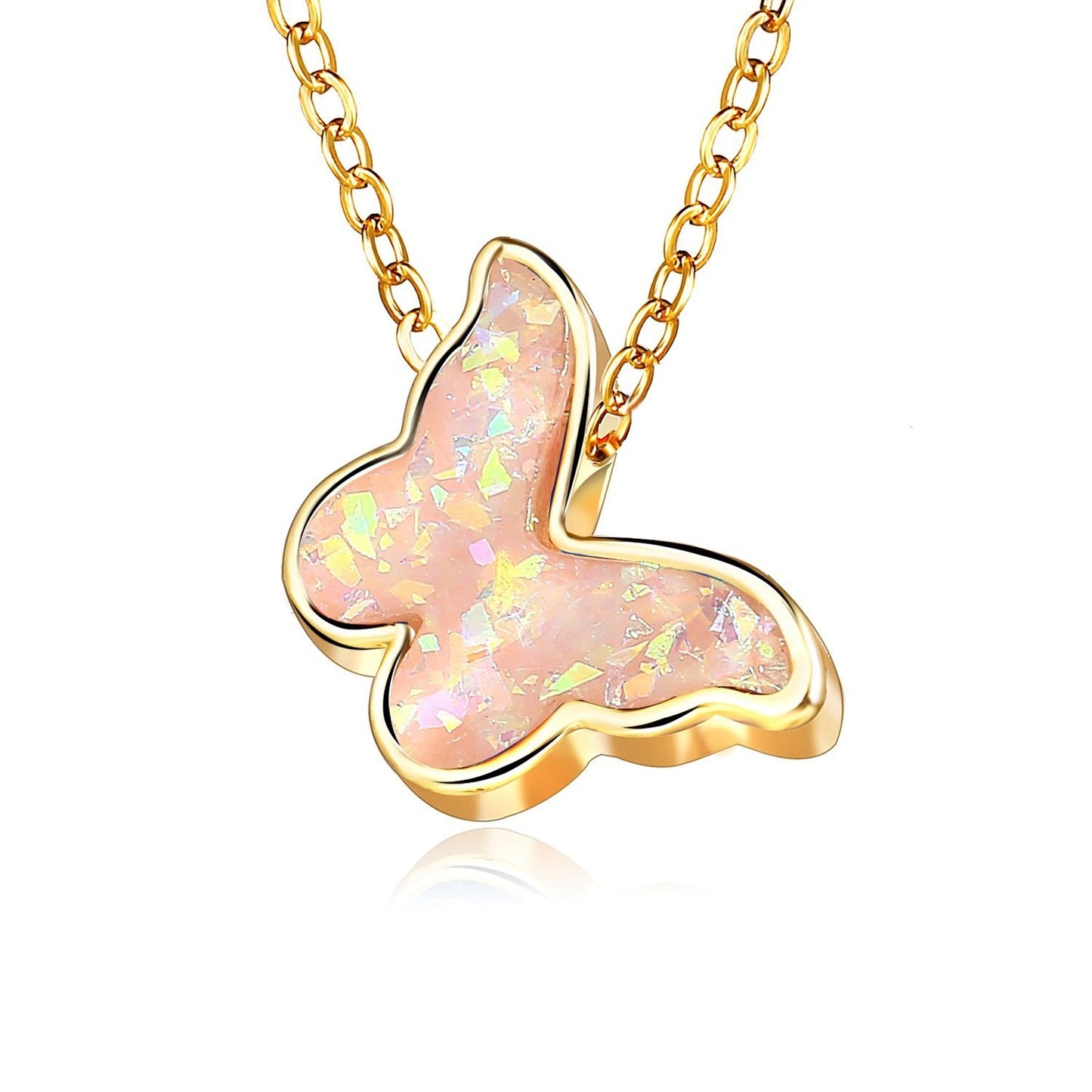 Opal Created Butterfly-Pink 18K Gold Plated Necklace