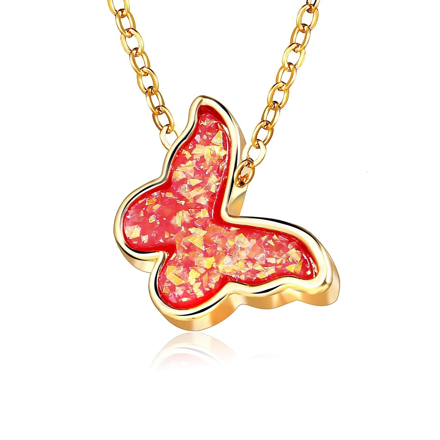 Opal Created Butterfly-Red 18K Gold Plated Necklace