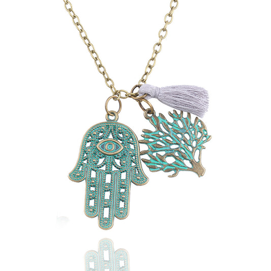 Blue Hamsa Tree of Life Tassell Necklace