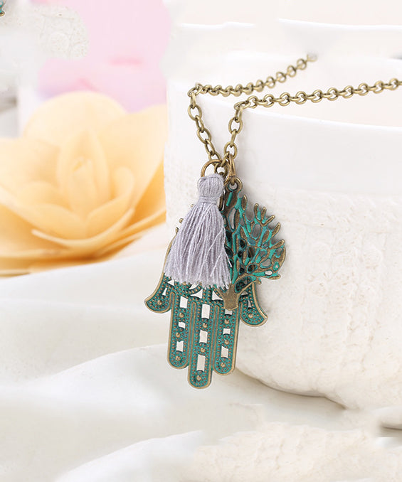 Blue Hamsa Tree of Life Tassell Necklace