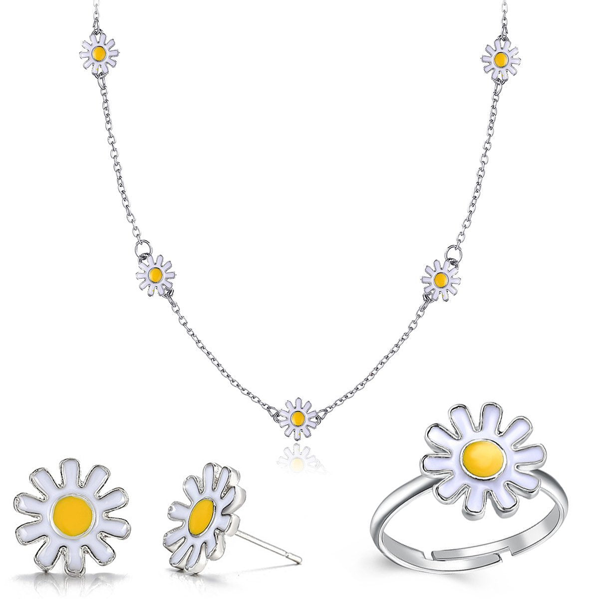 3pc Daisy Flower Jewelry Set 18K White Gold