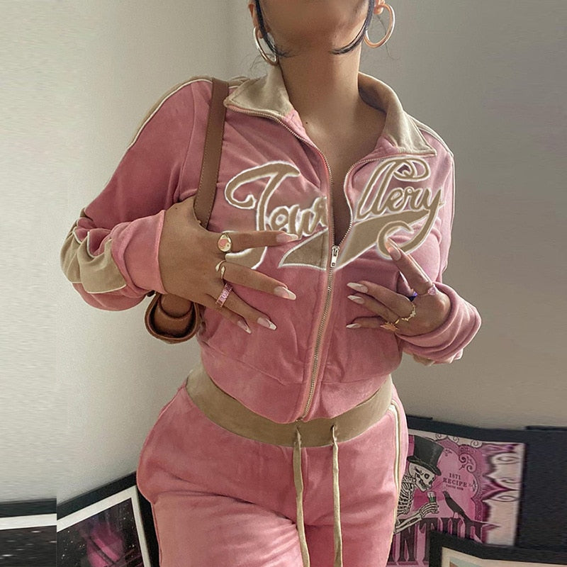 Letter Print Velvet Tracksuit Set