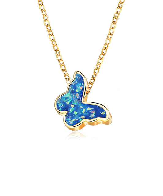 Opal Created Butterfly-Blue 18K Gold Plated Necklace