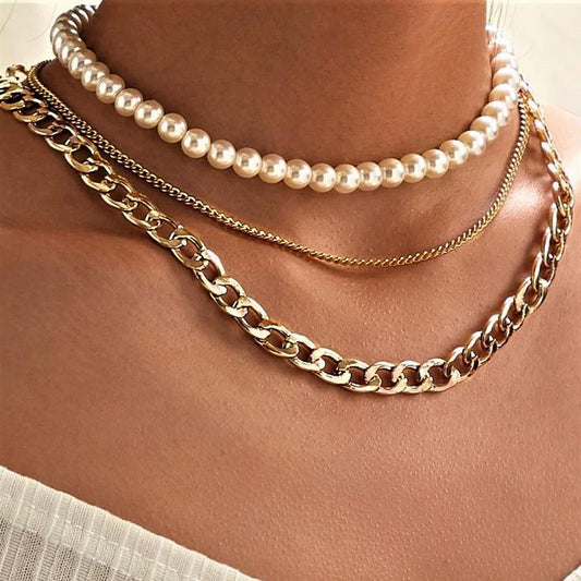 Pearl and Curb 3 Piece Layer 18K Gold Plated Necklace