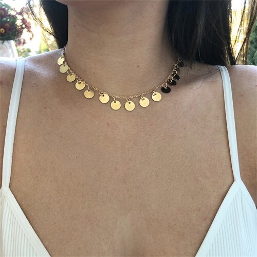 Sequins Coins Tassel Choker Necklace