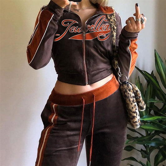 Letter Print Velvet Tracksuit Set