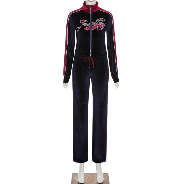 Letter Print Velvet Tracksuit Set