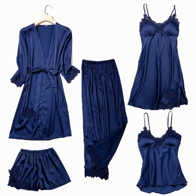 Satin Lace 5pcs Pajamas Set