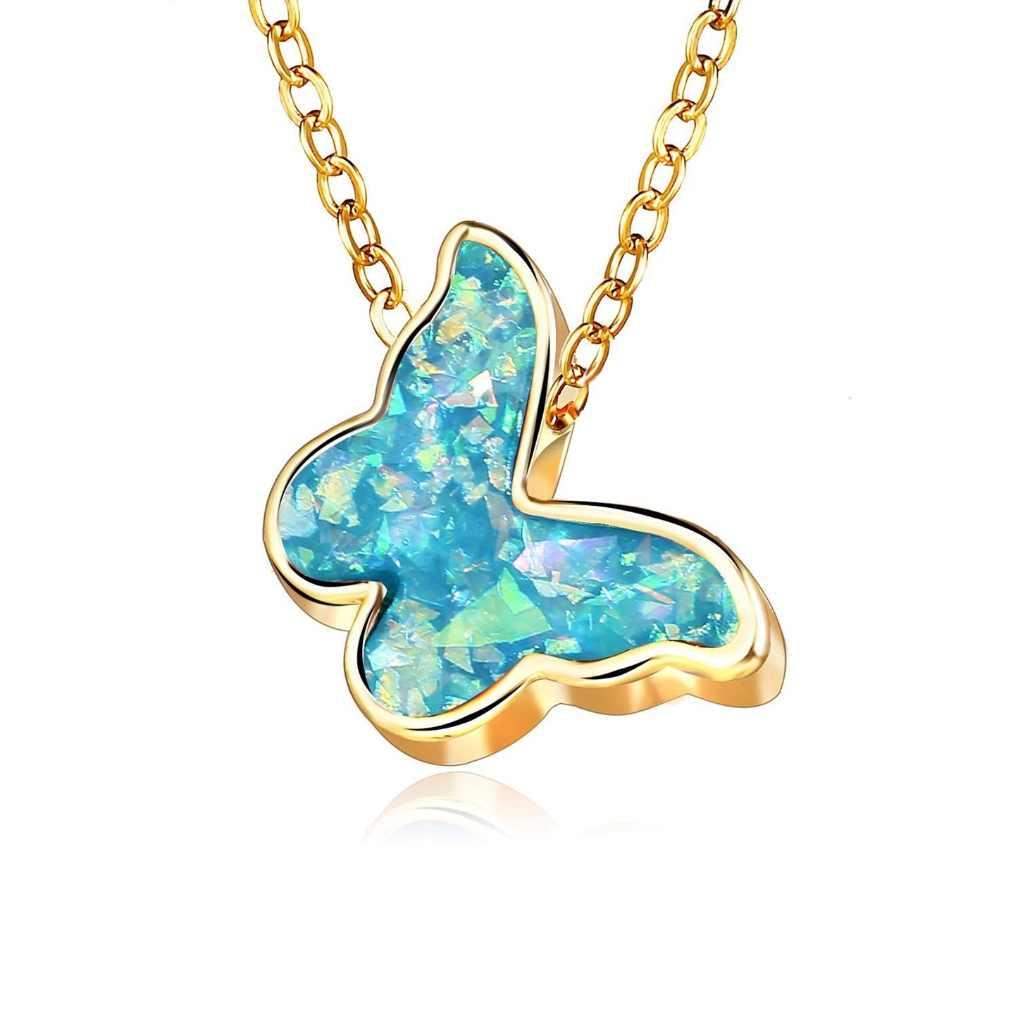 Opal Created Butterfly-Turquoise 18K Gold Plated Necklace