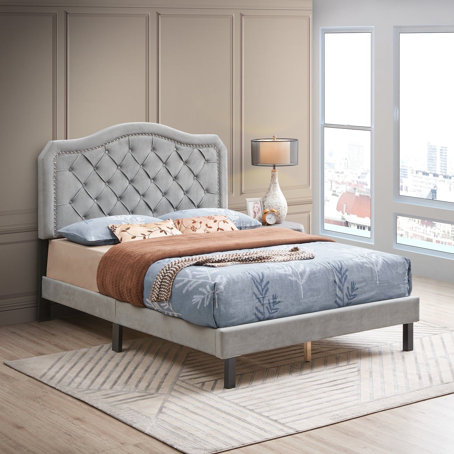 Grey Velvet Upholstered Bed