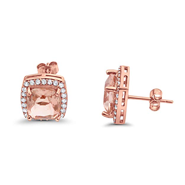 18K Rose Gold Plated Morganite Created Halo Cut Stud Earring