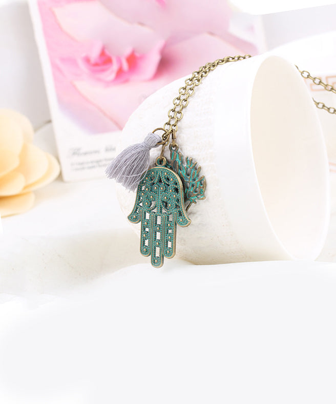 Blue Hamsa Tree of Life Tassell Necklace