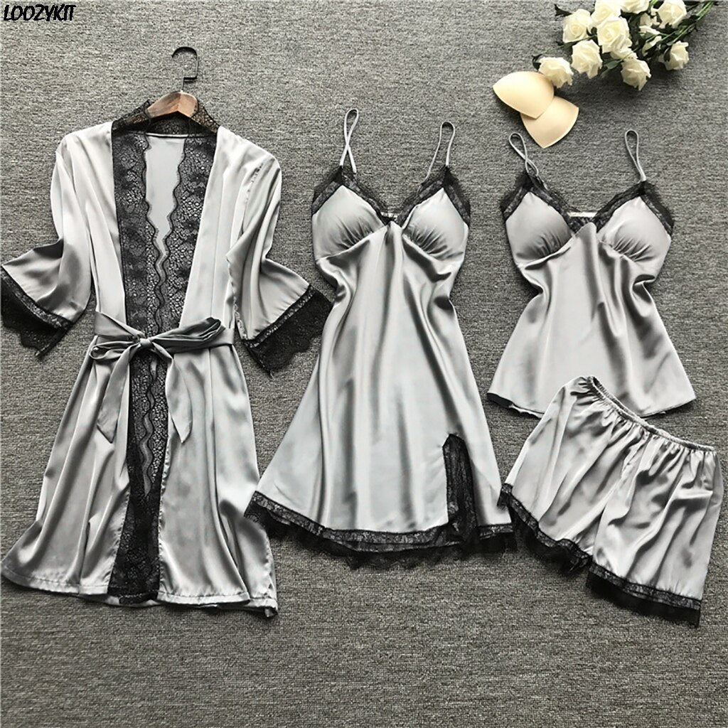 Women Satin Silk 4 Pieces Nightwear