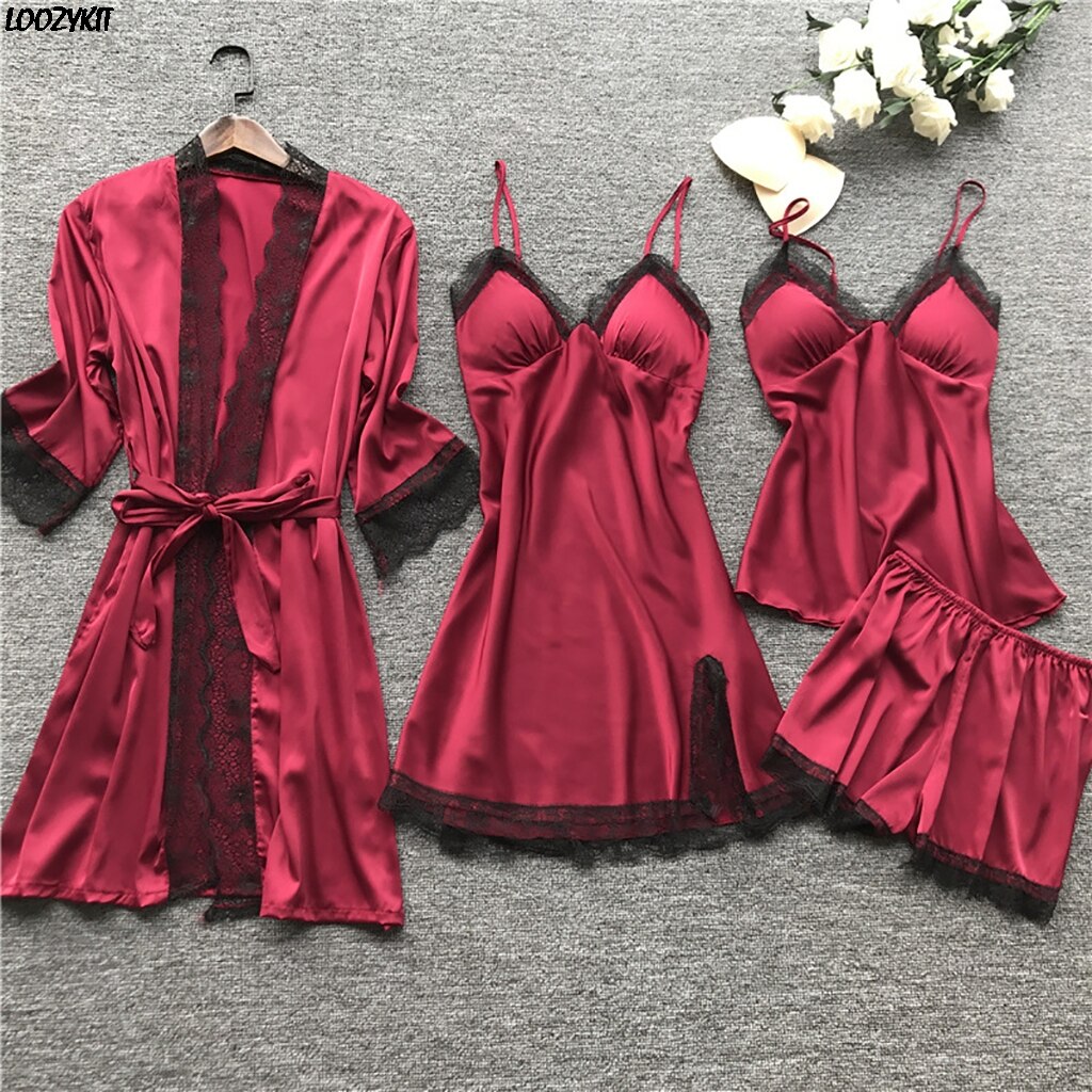 Women Satin Silk 4 Pieces Nightwear