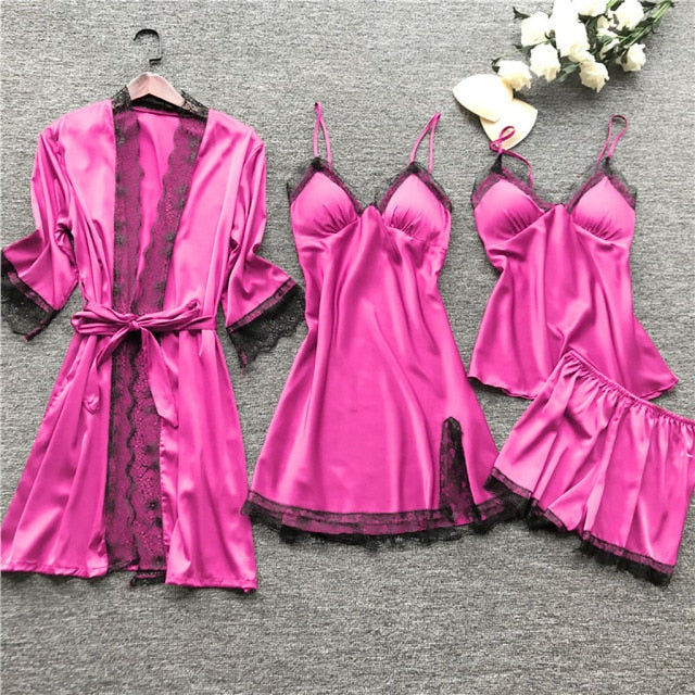 Women Satin Silk 4 Pieces Nightwear