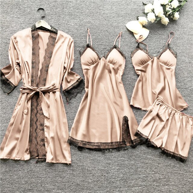 Women Satin Silk 4 Pieces Nightwear