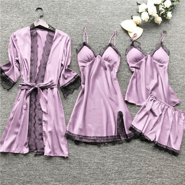 Women Satin Silk 4 Pieces Nightwear