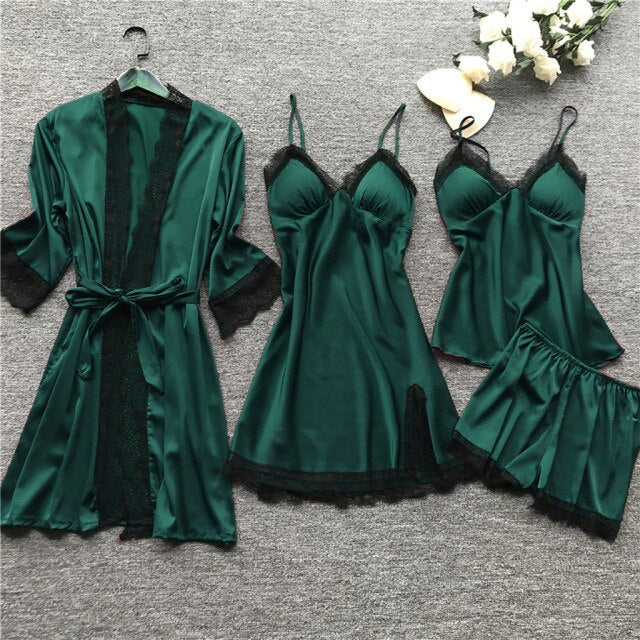 Women Satin Silk 4 Pieces Nightwear