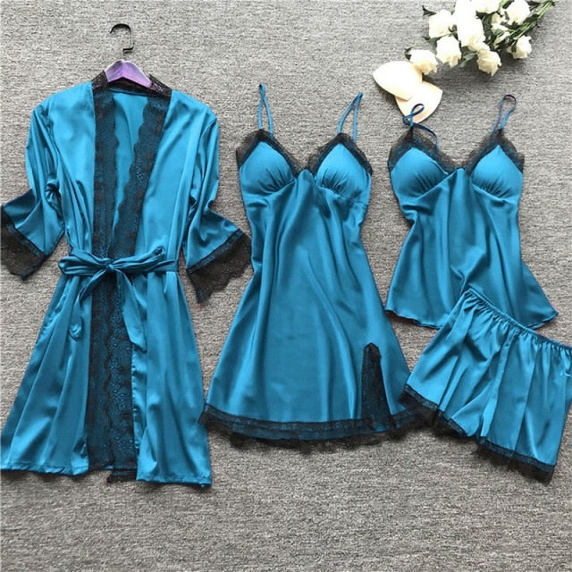 Women Satin Silk 4 Pieces Nightwear