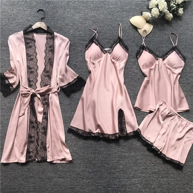 Women Satin Silk 4 Pieces Nightwear