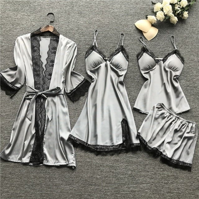 Women Satin Silk 4 Pieces Nightwear