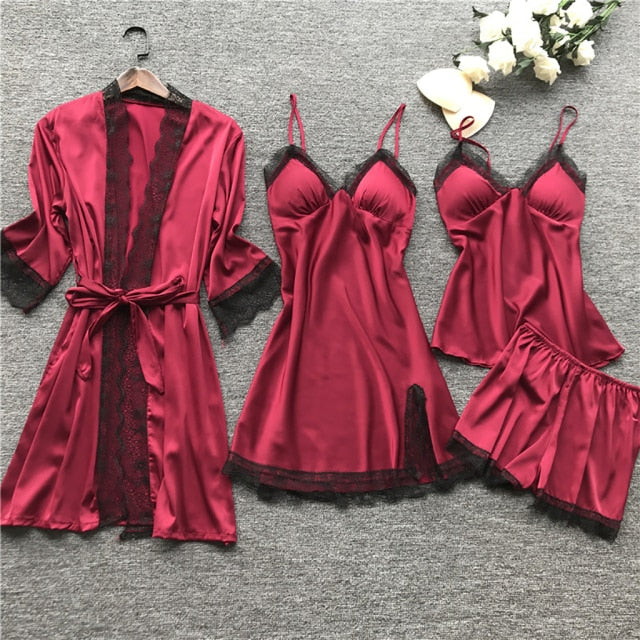 Women Satin Silk 4 Pieces Nightwear