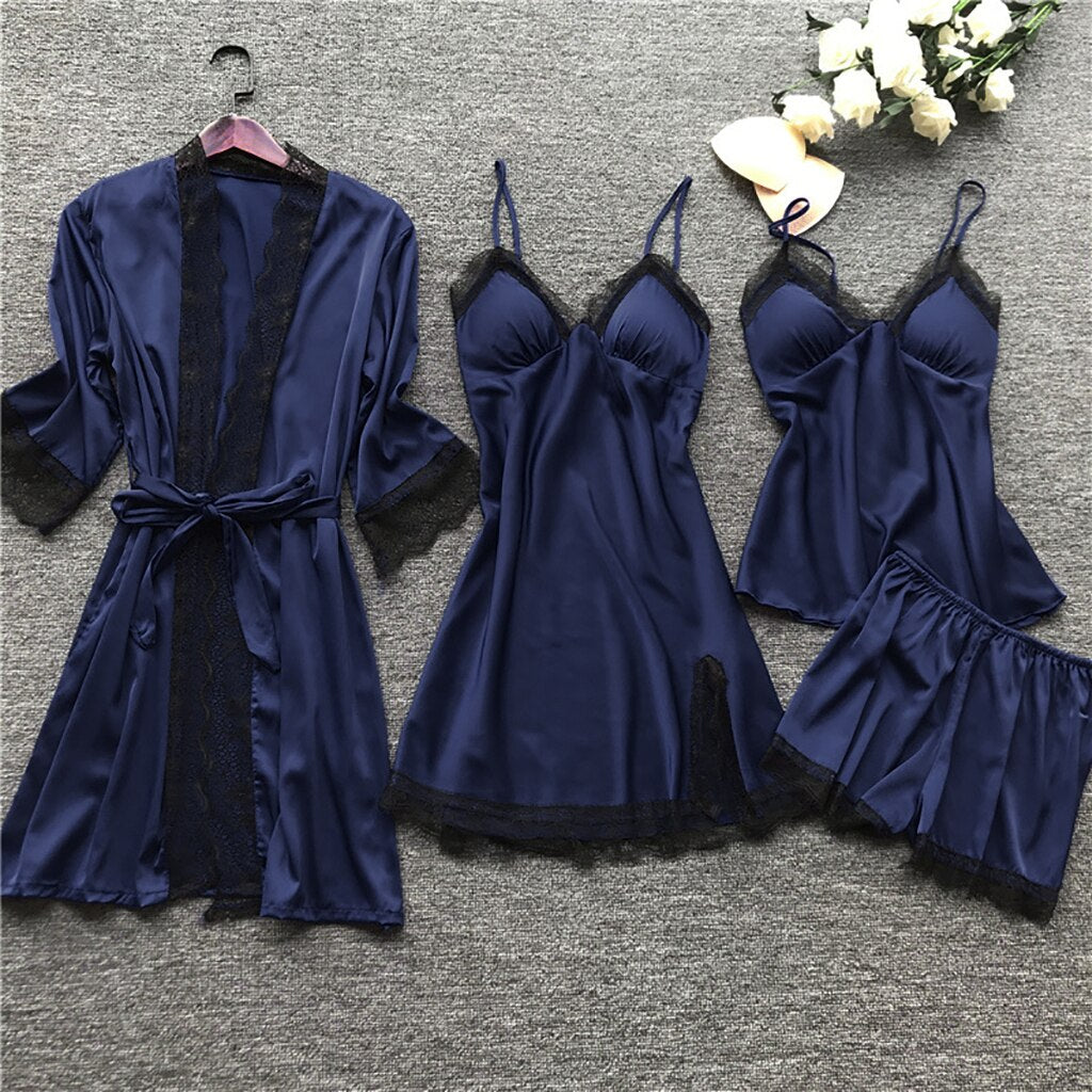 Women Satin Silk 4 Pieces Nightwear